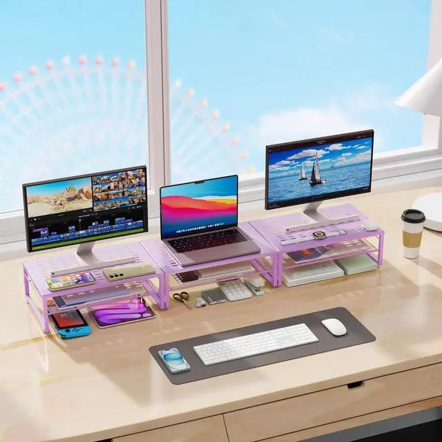 Alt view image 5 of 7 - gianotter 2-Tier Metal Monitor Stand Riser, Office Desk Storage Organizer for Computer Monitor, Laptop, Printer, Office Supplies (Purple)