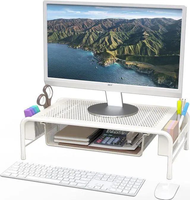 Main image of Simple Houseware Metal Desk Monitor Stand Riser with Organizer Drawer, White