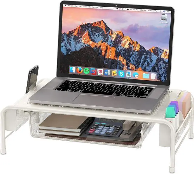 Alt view image 4 of 5 - Simple Houseware Metal Desk Monitor Stand Riser with Organizer Drawer, White