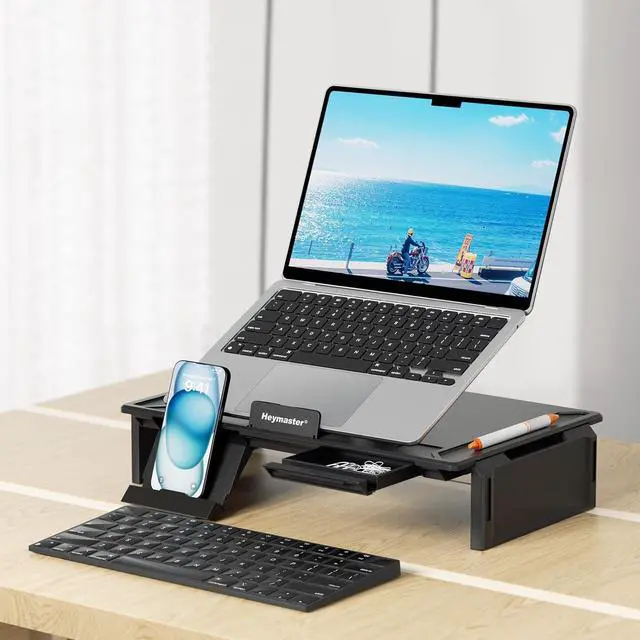 Alt view image 7 of 7 - Monitor Stand for Desk, 2-IN-1 Foldable Laptop Stand, Computer Monitor Stand Riser, Desk Organizers and Accessories for Desktop, Laptop (Black)