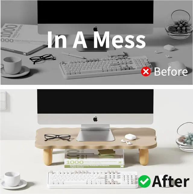 Alt view image 2 of 7 - Monitor Stand Riser, Cookie-Shaped Sturdy Wood Computer Monitor Riser, Laptop Monitor Stand, Multi-Purpose Desktop Organizer Riser for Computer, Laptop, Printer, TV, khaki