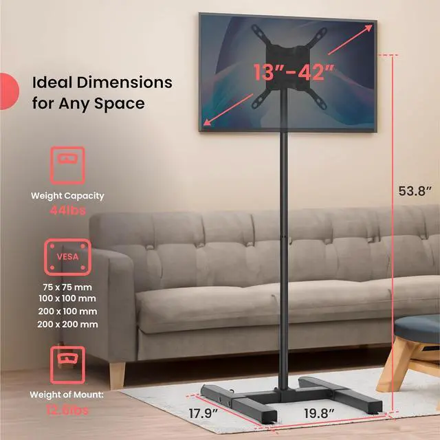 Alt view image 2 of 7 - CTA Height Adjustable TV Stand  CTA VESA-Compatible Universal Floor Stand for TVs & Monitors 13-42-inch up to 44 lbs. - Black (ADD-DMHA)
