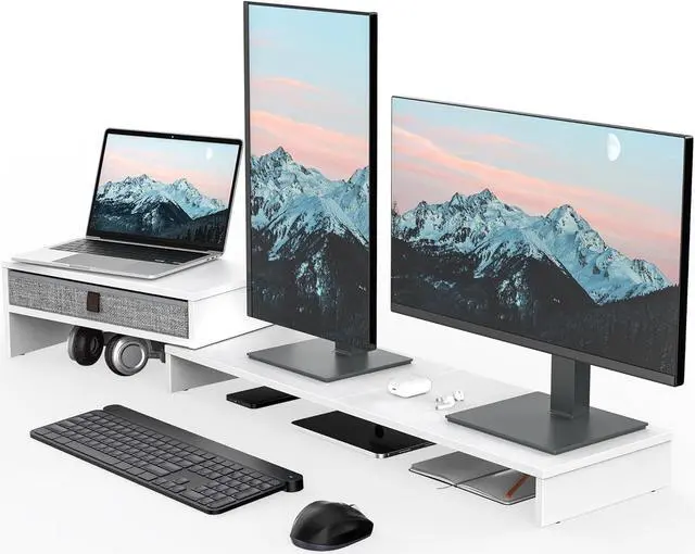 Main image of Fenge Computer Monitor Riser Stand with Drawer for 2 or 3 Monitors ,Adjustable Length and Angle Desktop Laptop Stand,Office Organizer,Printer,White