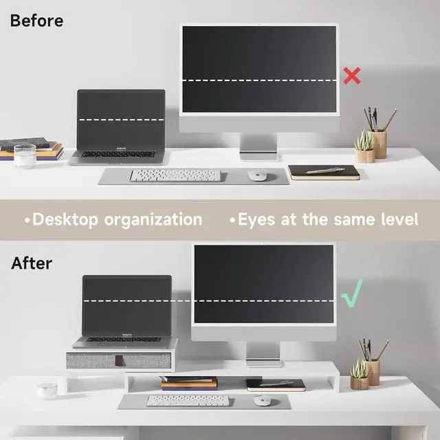 Alt view image 2 of 7 - Fenge Computer Monitor Riser Stand with Drawer for 2 or 3 Monitors ,Adjustable Length and Angle Desktop Laptop Stand,Office Organizer,Printer,White