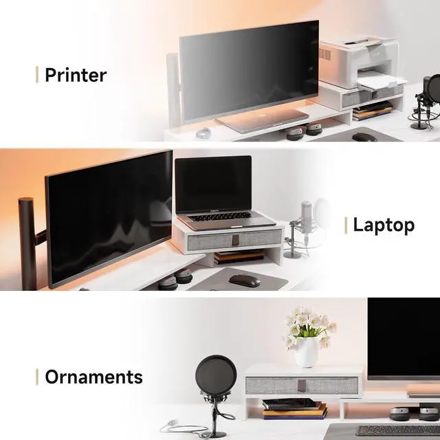 Alt view image 3 of 7 - Fenge Computer Monitor Riser Stand with Drawer for 2 or 3 Monitors ,Adjustable Length and Angle Desktop Laptop Stand,Office Organizer,Printer,White