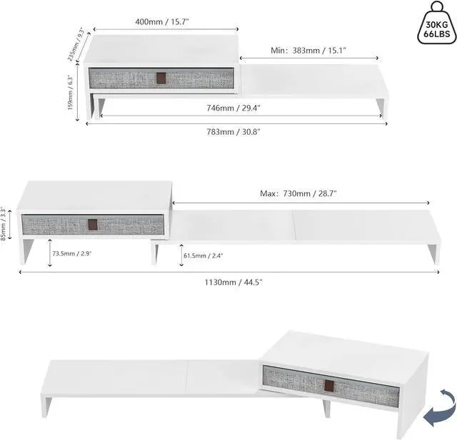 Alt view image 4 of 7 - Fenge Computer Monitor Riser Stand with Drawer for 2 or 3 Monitors ,Adjustable Length and Angle Desktop Laptop Stand,Office Organizer,Printer,White