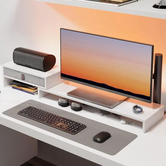 Alt view image 7 of 7 - Fenge Computer Monitor Riser Stand with Drawer for 2 or 3 Monitors ,Adjustable Length and Angle Desktop Laptop Stand,Office Organizer,Printer,White