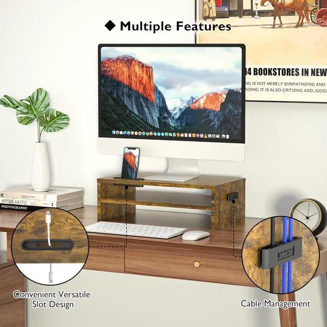 Alt view image 3 of 7 - BONTEC Wooden Monitor Stand Riser, 2-Tier Desk Shelf with Storage Organizer, Ergonomic Computer Stand with Cable Management, Cellphone Holder, Vintage Brown, 16.5 Inch
