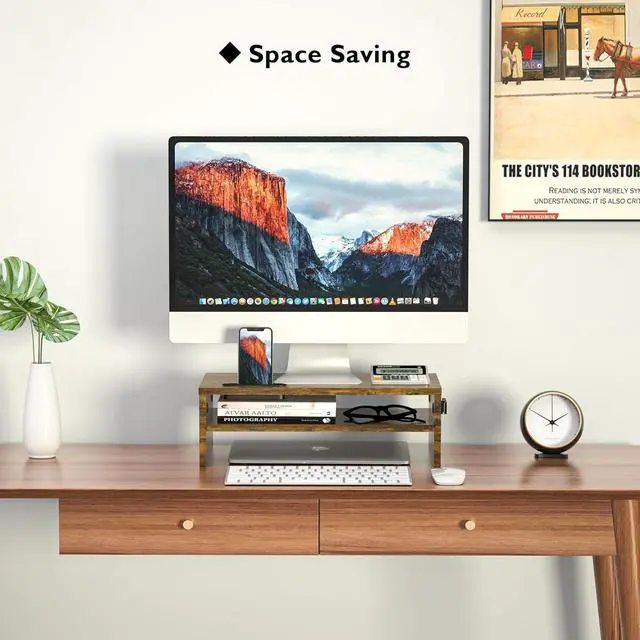 Alt view image 4 of 7 - BONTEC Wooden Monitor Stand Riser, 2-Tier Desk Shelf with Storage Organizer, Ergonomic Computer Stand with Cable Management, Cellphone Holder, Vintage Brown, 16.5 Inch