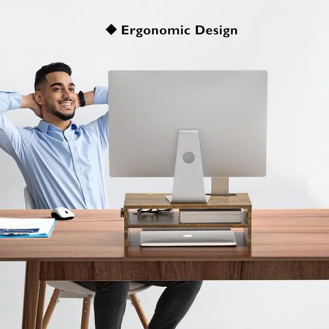Alt view image 6 of 7 - BONTEC Wooden Monitor Stand Riser, 2-Tier Desk Shelf with Storage Organizer, Ergonomic Computer Stand with Cable Management, Cellphone Holder, Vintage Brown, 16.5 Inch