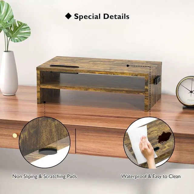 Alt view image 7 of 7 - BONTEC Wooden Monitor Stand Riser, 2-Tier Desk Shelf with Storage Organizer, Ergonomic Computer Stand with Cable Management, Cellphone Holder, Vintage Brown, 16.5 Inch