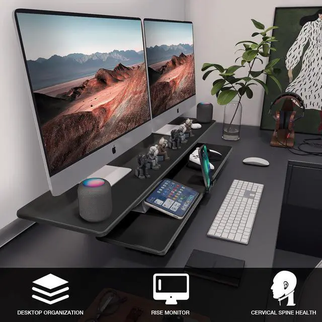 Alt view image 5 of 7 - Dual Monitor Stand, 2-Tier Wood Monitor Riser with Storage Organizer and Cable Management, Black