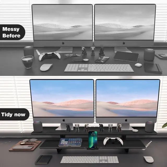 Alt view image 6 of 7 - Dual Monitor Stand, 2-Tier Wood Monitor Riser with Storage Organizer and Cable Management, Black