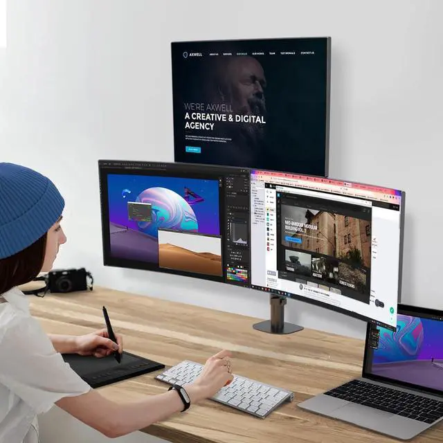 Alt view image 6 of 7 - Pholiten Triple Monitor Stand,13 to 27 inch LCD Monitor Desk Mount,Extra Tall 31.5 inch Pole Heavy Duty Fully Adjustable Stand Mount