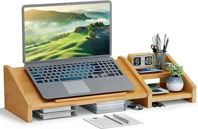 Main image of Ufine Bamboo Laptop Stand for Desk 3 Heights Adjustable Notebook Stand Computer Monitor Riser with 2 Tier Storage Shelf, Desktop Organizer Printer Stand for Home Office