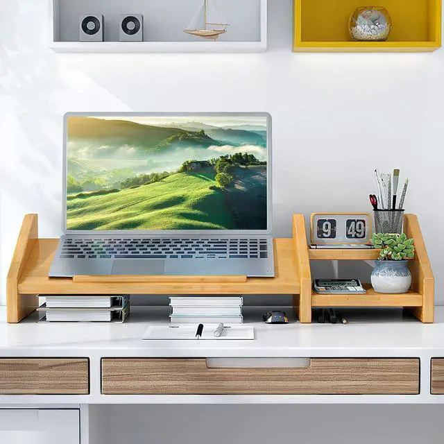 Alt view image 2 of 7 - Ufine Bamboo Laptop Stand for Desk 3 Heights Adjustable Notebook Stand Computer Monitor Riser with 2 Tier Storage Shelf, Desktop Organizer Printer Stand for Home Office