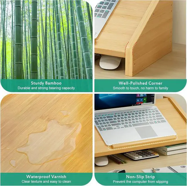 Alt view image 7 of 7 - Ufine Bamboo Laptop Stand for Desk 3 Heights Adjustable Notebook Stand Computer Monitor Riser with 2 Tier Storage Shelf, Desktop Organizer Printer Stand for Home Office
