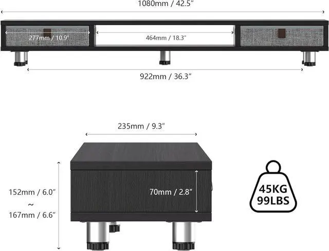 Alt view image 3 of 7 - Fenge Dual Monitor Stand with 2 Drawers, 42.5 Inches Large Computer Riser for Desk, Adjustable Height Desk Shelf with Storage for Laptop, PC, TV, Printer