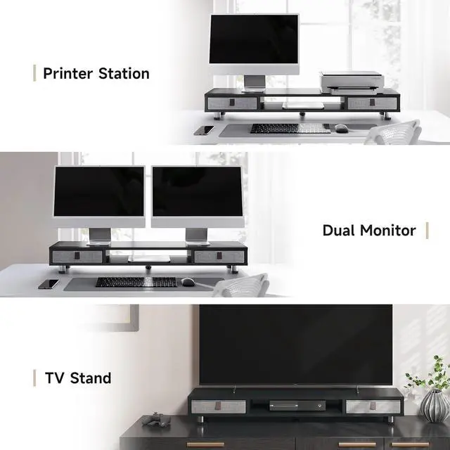 Alt view image 7 of 7 - Fenge Dual Monitor Stand with 2 Drawers, 42.5 Inches Large Computer Riser for Desk, Adjustable Height Desk Shelf with Storage for Laptop, PC, TV, Printer