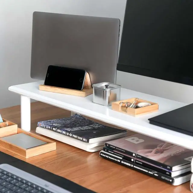 Alt view image 2 of 7 - Bamboo Dual Monitor Stand Riser White with 2 Heights Available, Desk Monitor Riser for 2 Monitors, Supports for PC Computer Monitor, Printer, Heavy TV Riser up to 130 lbs, White