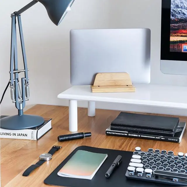 Alt view image 3 of 7 - Bamboo Dual Monitor Stand Riser White with 2 Heights Available, Desk Monitor Riser for 2 Monitors, Supports for PC Computer Monitor, Printer, Heavy TV Riser up to 130 lbs, White