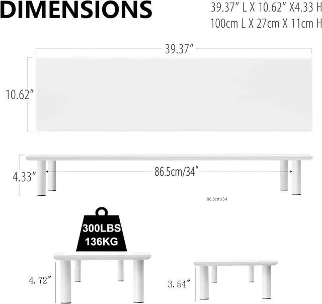 Alt view image 5 of 7 - Bamboo Dual Monitor Stand Riser White with 2 Heights Available, Desk Monitor Riser for 2 Monitors, Supports for PC Computer Monitor, Printer, Heavy TV Riser up to 130 lbs, White