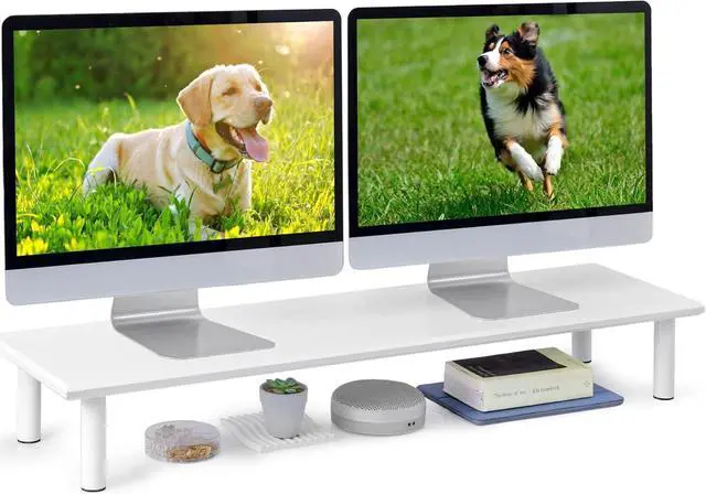 Alt view image 7 of 7 - Bamboo Dual Monitor Stand Riser White with 2 Heights Available, Desk Monitor Riser for 2 Monitors, Supports for PC Computer Monitor, Printer, Heavy TV Riser up to 130 lbs, White