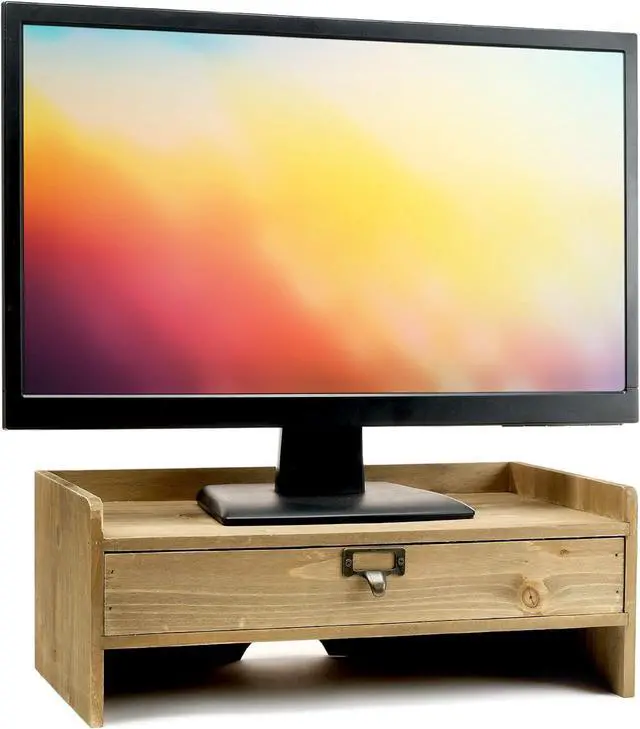Main image of Excello Global Products Wooden Monitor Stand: Includes Drawer for Desktop Organization of Notebooks, Pens, Pencils & Office Supplies (Brown)