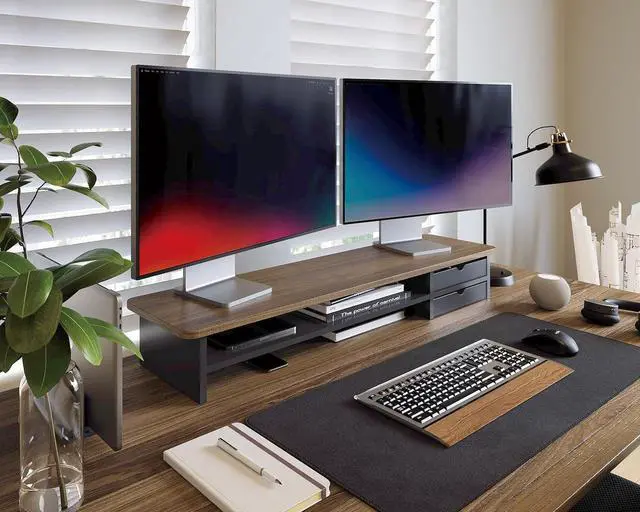 Alt view image 3 of 7 - Monitor Stand, Dual Riser, 42.5inch Large Desk Computer Stand Riser with Drawer, 2 Tier Wood & Acrylic Desktop Organizer for Computer, Laptop, Printer, TV Screen by DT