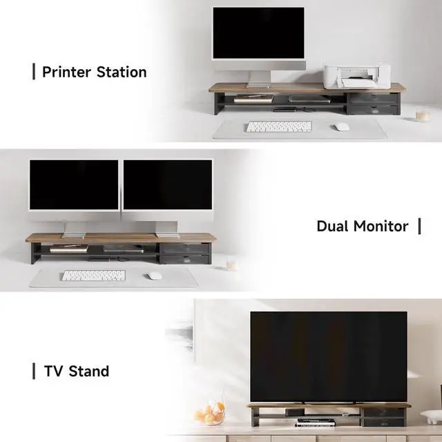 Alt view image 5 of 7 - Monitor Stand, Dual Riser, 42.5inch Large Desk Computer Stand Riser with Drawer, 2 Tier Wood & Acrylic Desktop Organizer for Computer, Laptop, Printer, TV Screen by DT