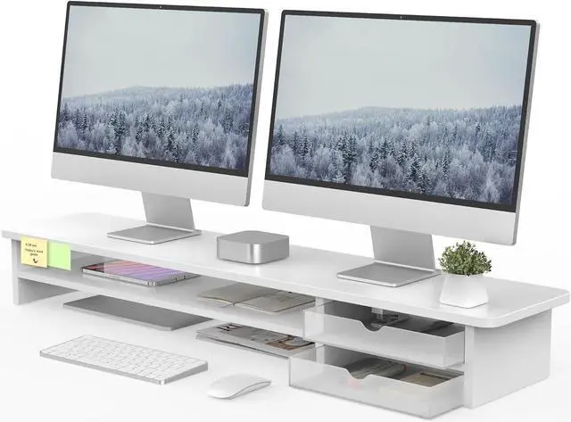 Main image of Fenge Monitor Stand, Dual Monitor Riser, 42.5inch Large Desk Computer Monitor Stand Riser with Drawer, 2 Tier Wood & Acrylic Desktop Organizer for Computer, Laptop, Printer, TV Screen Riser