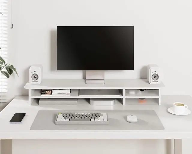 Alt view image 3 of 7 - Fenge Monitor Stand, Dual Monitor Riser, 42.5inch Large Desk Computer Monitor Stand Riser with Drawer, 2 Tier Wood & Acrylic Desktop Organizer for Computer, Laptop, Printer, TV Screen Riser