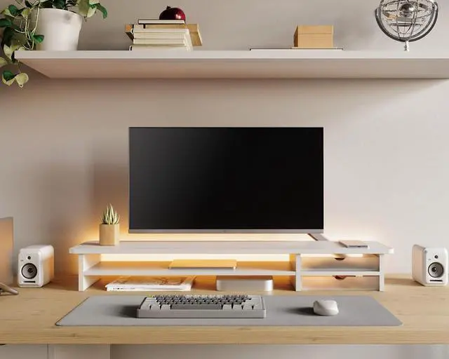 Alt view image 7 of 7 - Fenge Monitor Stand, Dual Monitor Riser, 42.5inch Large Desk Computer Monitor Stand Riser with Drawer, 2 Tier Wood & Acrylic Desktop Organizer for Computer, Laptop, Printer, TV Screen Riser