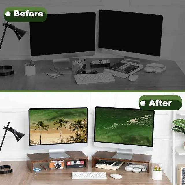 Alt view image 7 of 7 - TEAMIX 2 Pack Monitor Stand Riser-20 inch, Wood Monitor Stand, Desktop Organizer TV/Screen/PC/Printer/Laptop Riser, Computer Stand with Keyboard Organizer Desktop Stand, Monitor Riser