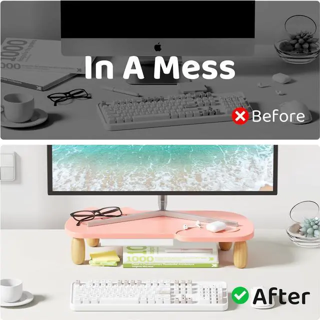 Alt view image 4 of 7 - Monitor Stand Riser,Cat Shape Sturdy Wood Computer Monitor Stand, Monitor Stand Riser, Multi-Purpose Desktop Organizer Riser for Computer,Laptop,Printer,TV,Pink