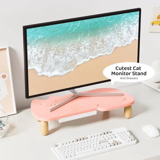 Alt view image 2 of 7 - Monitor Stand Riser,Cat Shape Sturdy Wood Computer Monitor Stand, Monitor Stand Riser, Multi-Purpose Desktop Organizer Riser for Computer,Laptop,Printer,TV,Pink