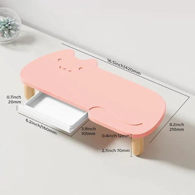 Alt view image 7 of 7 - Monitor Stand Riser,Cat Shape Sturdy Wood Computer Monitor Stand, Monitor Stand Riser, Multi-Purpose Desktop Organizer Riser for Computer,Laptop,Printer,TV,Pink