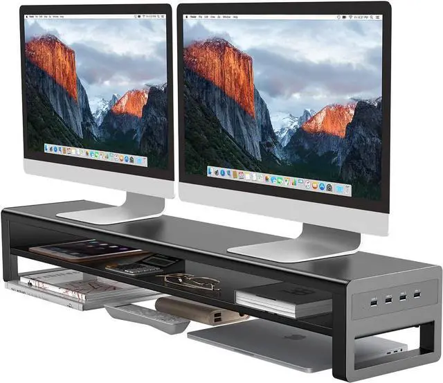 Main image of 2 Tiers Dual Monitor Stand with 4 USB 3.0 Ports Hub, Double Monitor Riser, Metal Desk Stand with Storage, Long Screen Raiser for 2 Monitors Computer Mac Desktop Organizer Black Large