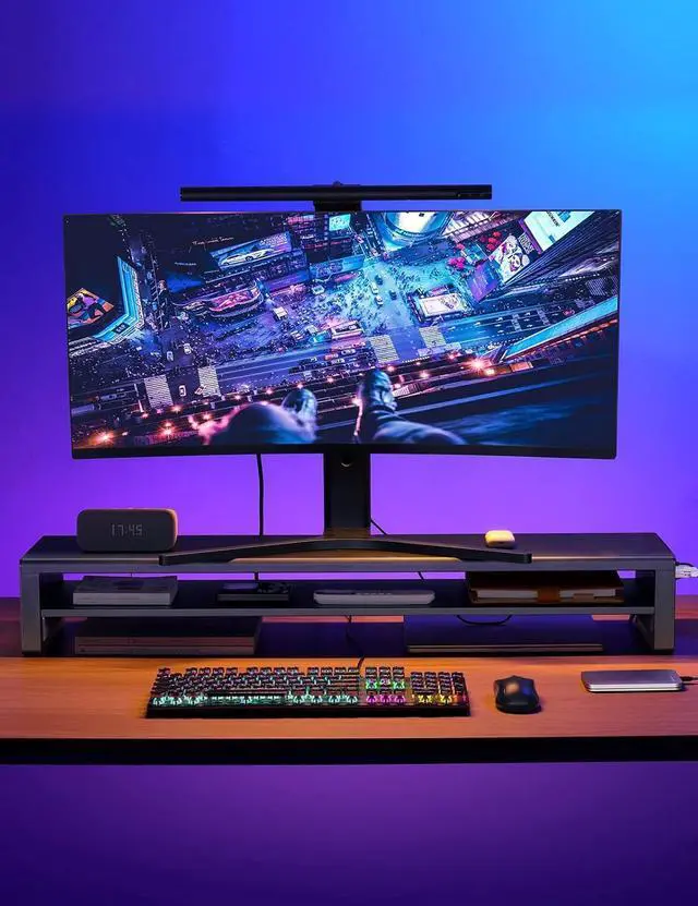 Alt view image 4 of 7 - 2 Tiers Dual Monitor Stand with 4 USB 3.0 Hub Ports, Double Monitor Riser, Metal Desk Stand with Storage, Long Screen Raiser for 2 Monitors/PC/Laptop/Computer Space Saver Organizer Office Home School