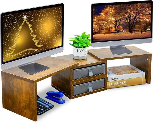 Main image of TEAMIX Dual Monitor Stand Riser with 2 Drawers - Length and Angle Adjustable 3 shelf Monitor Riser with Storage Desk Organizer Large Monitor Stand for 2 Monitors/Laptop/PC,Screen/TV Stand Riser