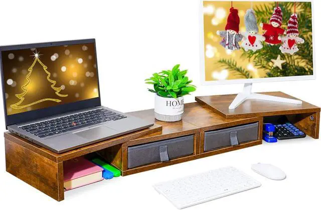 Alt view image 4 of 7 - TEAMIX Dual Monitor Stand Riser with 2 Drawers - Length and Angle Adjustable 3 shelf Monitor Riser with Storage Desk Organizer Large Monitor Stand for 2 Monitors/Laptop/PC,Screen/TV Stand Riser