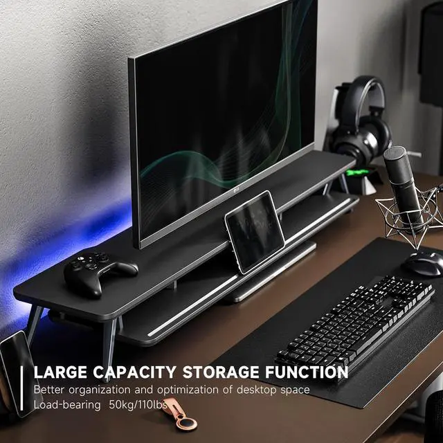 Alt view image 2 of 7 - Fenge Dual Monitor Stand, Monitor Stands Riser for 2 monitors, 42.5 Inch Wood Desk Shelf with Storage Organizer and Cable Management for Office Desk Accessories