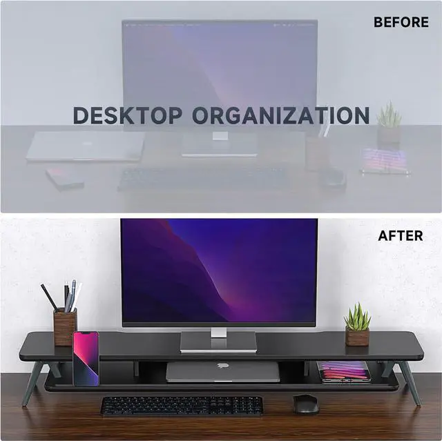 Alt view image 7 of 7 - Fenge Dual Monitor Stand, Monitor Stands Riser for 2 monitors, 42.5 Inch Wood Desk Shelf with Storage Organizer and Cable Management for Office Desk Accessories