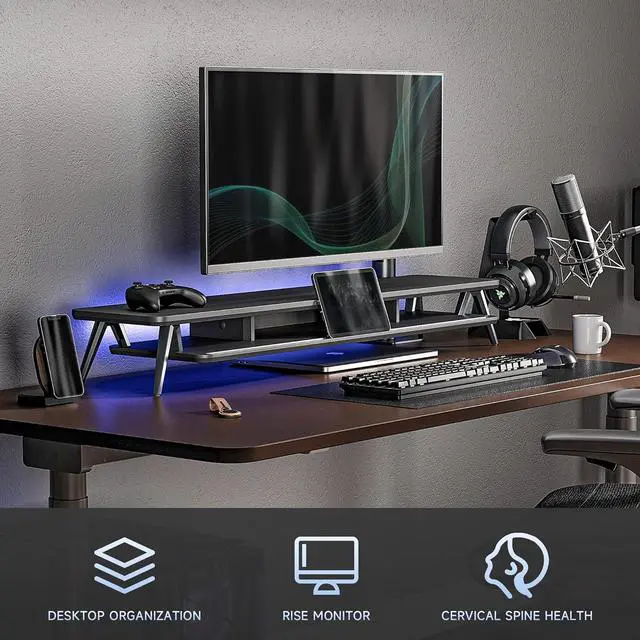 Alt view image 6 of 7 - Fenge Dual Monitor Stand, Monitor Stands Riser for 2 monitors, 42.5 Inch Wood Desk Shelf with Storage Organizer and Cable Management for Office Desk Accessories