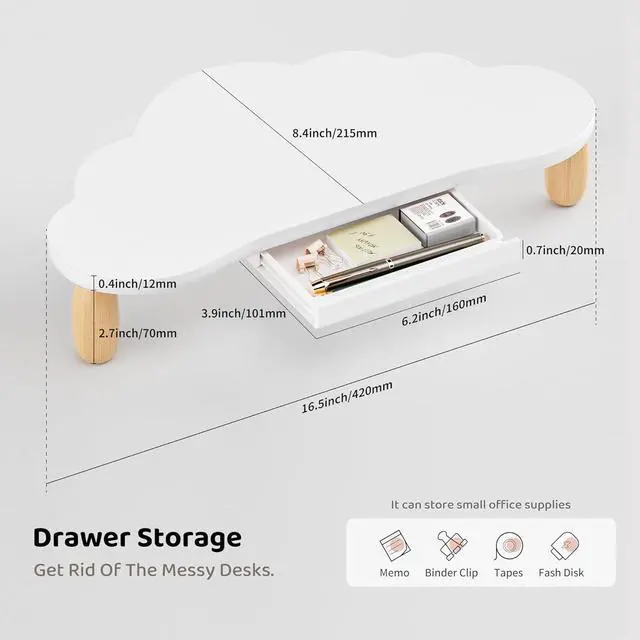 Alt view image 6 of 7 - Cloud-Shaped Sturdy Wood Computer Monitor Stand Riser With Drawer, Multi-Purpose Desktop Organizer