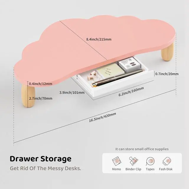 Alt view image 6 of 7 - Monitor Stand Riser,Cloud-Shaped Sturdy Wood Computer Monitor Riser Wirh Drawer, Monitor Stand Riser, Multi-Purpose Desktop Organizer Riser for Computer,Laptop,Printer,TV,Pink