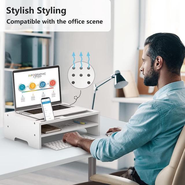 Alt view image 2 of 7 - Monitor Stand Riser with Storage Organizer Desktop with Cooling Holes Bamboo Laptop Riser Shelf for Office and Home Use 16.7x11.8x5 inch (White)