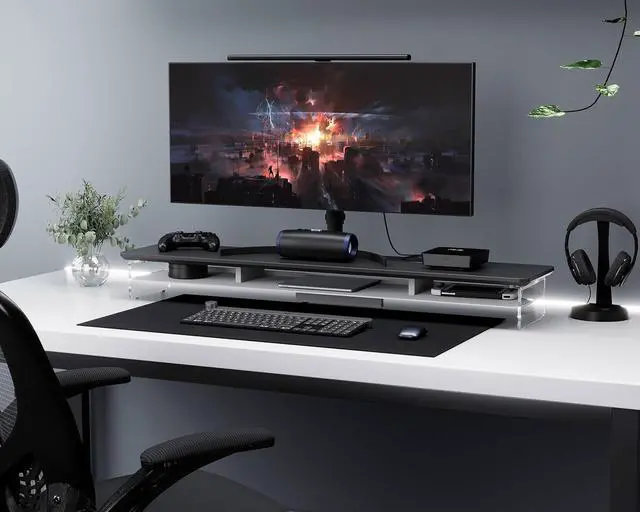 Alt view image 2 of 7 - Fenge Acrylic Monitor Stand Riser, 42.5 Inches Acrylic Clear Dual Monitor Stand with Metal Storage, 2 Tier Acrylic Computer Riser for Desk, Clear Laptop Stand for PC, Laptop, Printer, TV