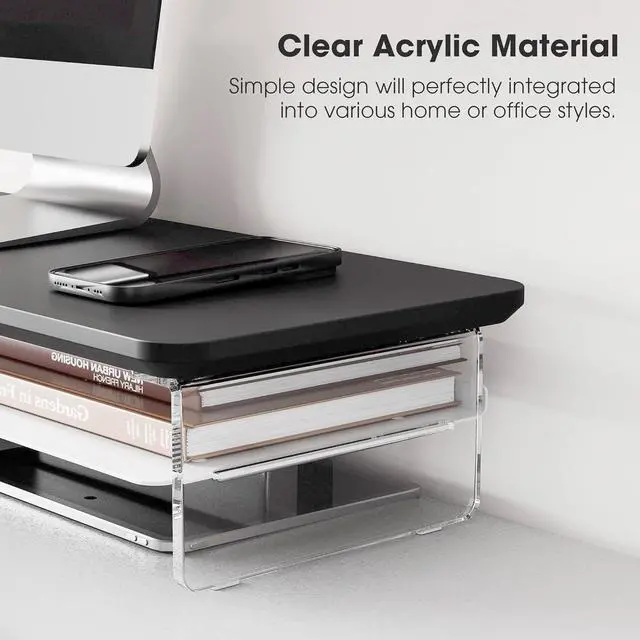 Alt view image 3 of 7 - Fenge Acrylic Monitor Stand Riser, 42.5 Inches Acrylic Clear Dual Monitor Stand with Metal Storage, 2 Tier Acrylic Computer Riser for Desk, Clear Laptop Stand for PC, Laptop, Printer, TV