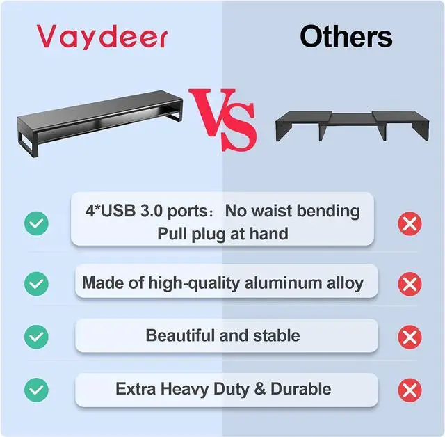 Alt view image 4 of 7 - Vaydeer 2 Tiers Dual Monitor Stand USB 3.0 Aluminum Monitor Riser Strong & Sturdy Suitable for Computer,PC Monitor, Laptop, TV, Printer Metal Desk Organizer black